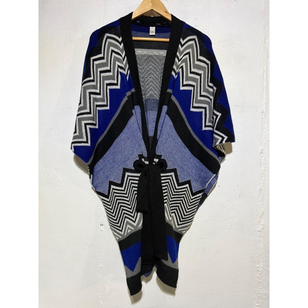 Cato One Size Blue Black Chevron Knit Geometric Belted Open Front Poncho Wrap